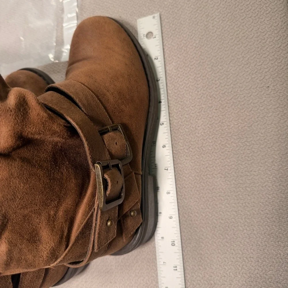 Torrid Slouchy Tall Boots 7W Womens Cognac Faux Leather Knit Cuff Buckle Detail